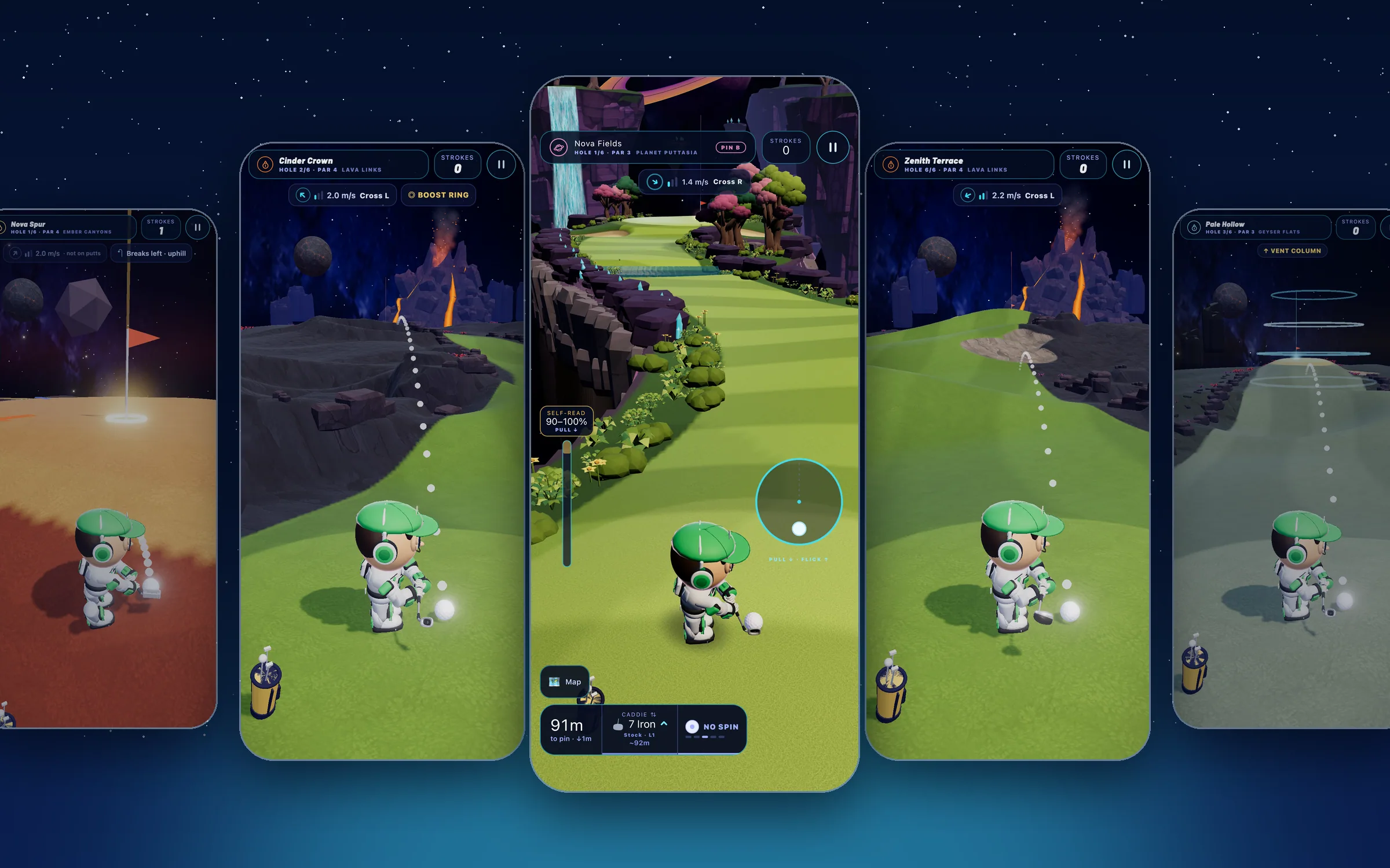 Five in-game frames from the current builds, set as phones on a night sky: Planet Puttasia hole 1 on an iPhone in the centre, two Lava Links tee shots with dotted aim lines beside it, and Ember Canyons and Geyser Flats at the edges.