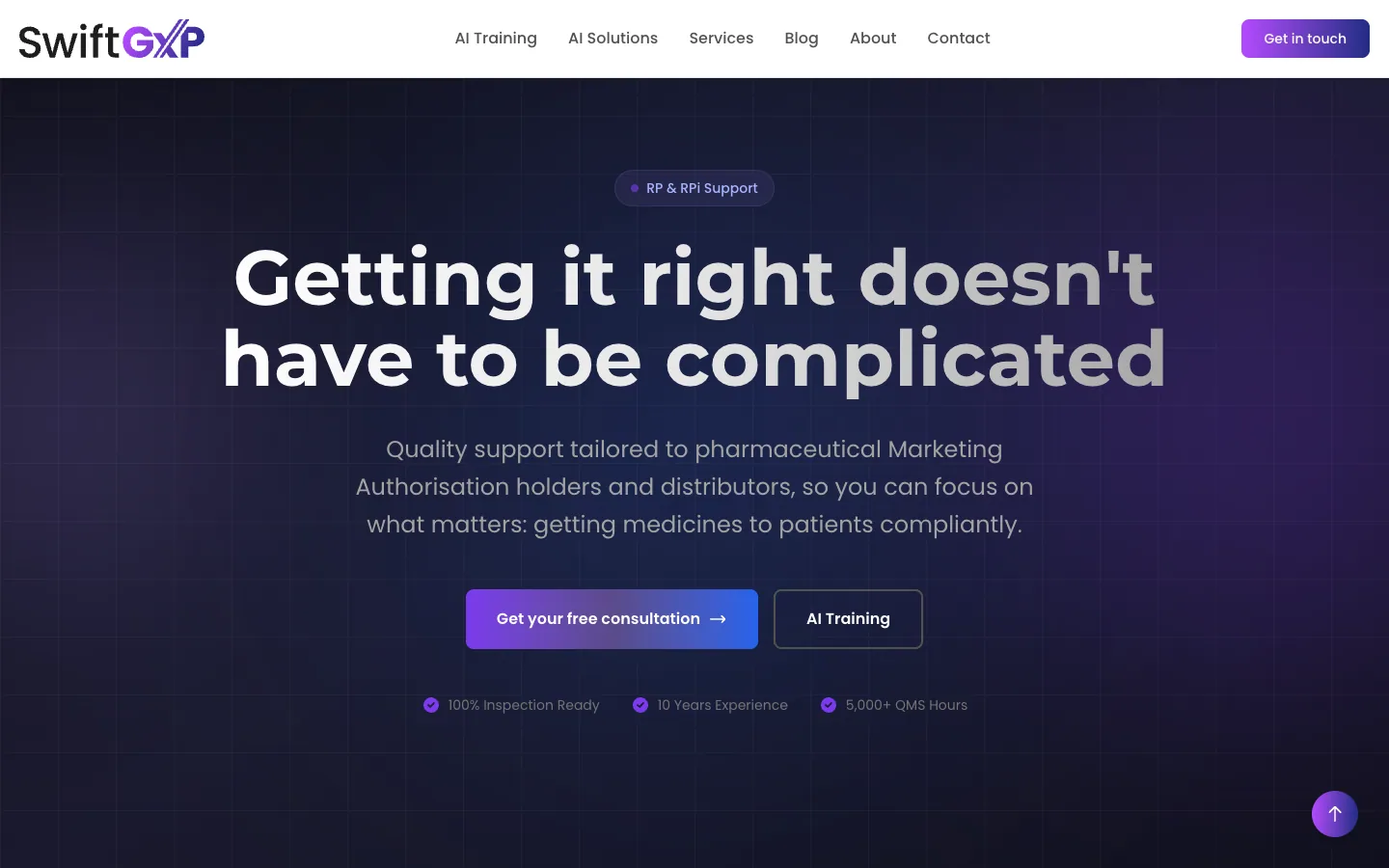 SwiftGxP homepage hero on a dark navy grid: an 'RP & RPi Support' pill, the headline 'Getting it right doesn't have to be complicated', a gradient consultation button and an AI Training button.