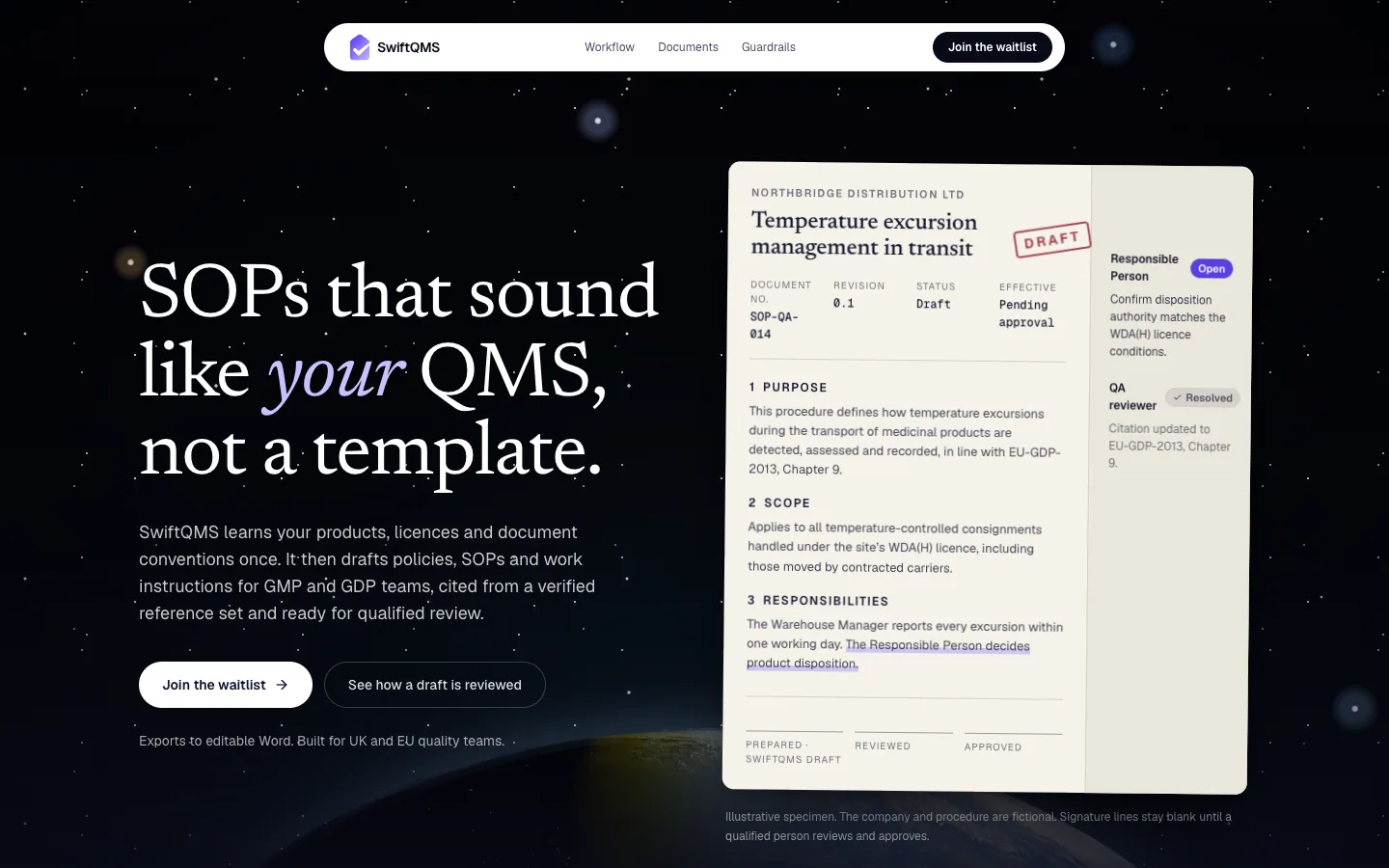 SwiftQMS landing page: the headline 'SOPs that sound like your QMS, not a template' beside a paper SOP specimen stamped DRAFT, with reviewer notes from a Responsible Person and a QA reviewer.